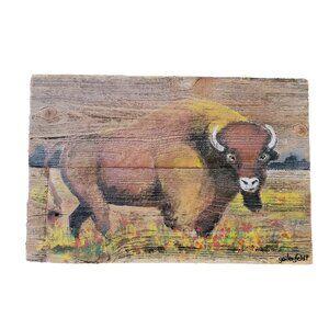Buffalo Portrait‎ original Oil Painting Larry Geilenfeldt Rustic Reclaimed Wood